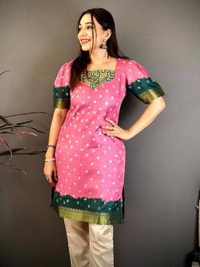 Pink Soft Dola Silk Paan Neck Kurti