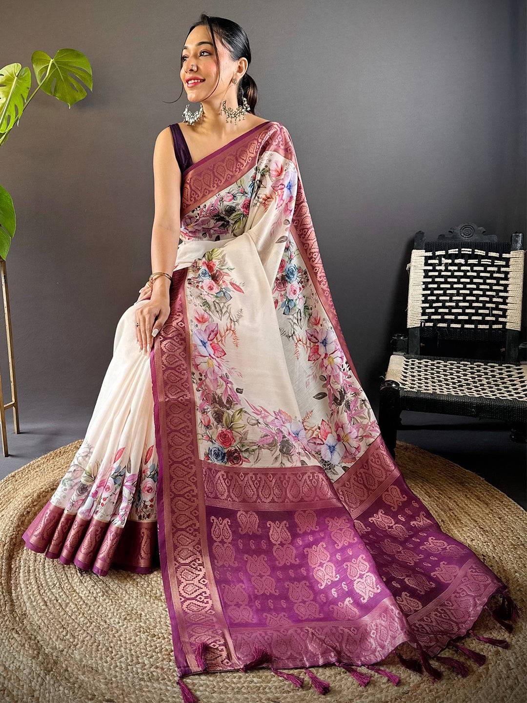 Cream Floral Cotton Rich Pallu Saree
