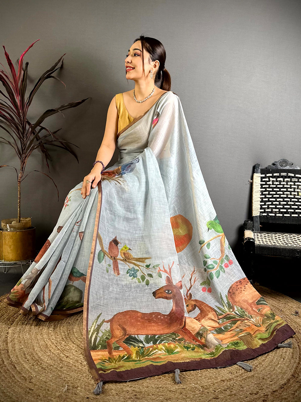 Grey Animal Print Linen Chanderi Saree