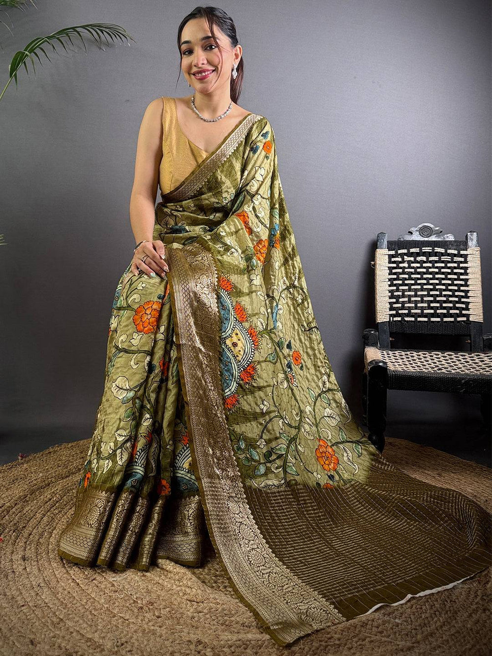 Olive Pure Viscose Mandala Printed Saree