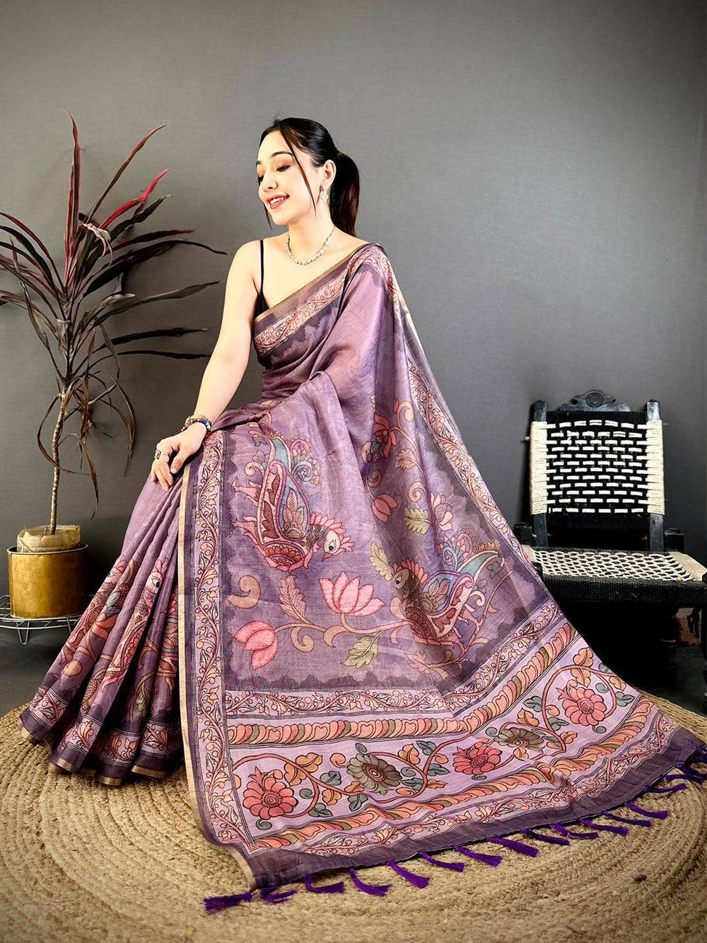Lavender Vintage Pen Kalamkari Chanderi Saree