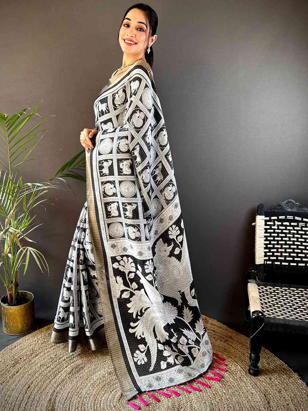 Black Tussar Chex Digital Kalamkari Print Saree