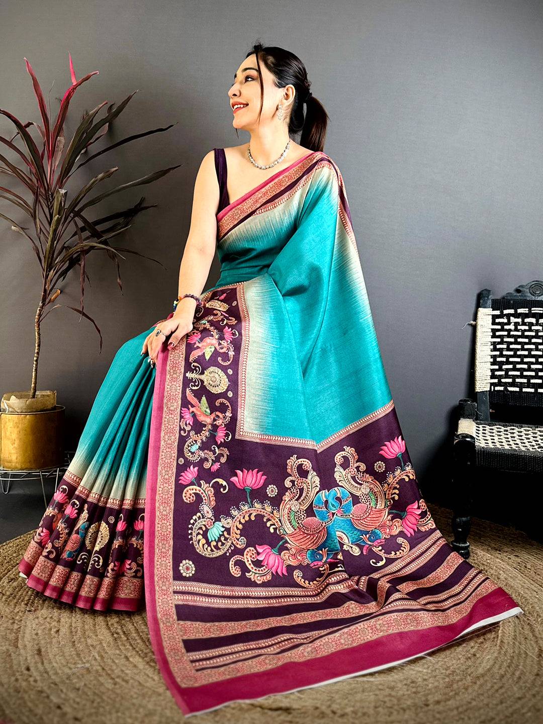 Stylish Tanjore Peacock Border Saree