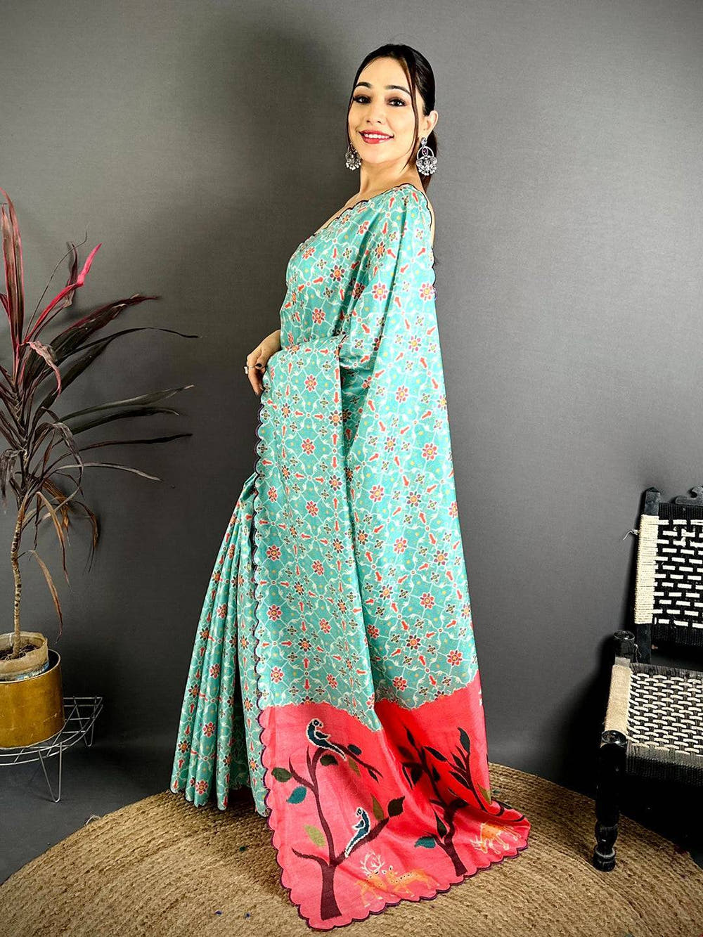 Royal Peacock Mint Tussar Printed Saree