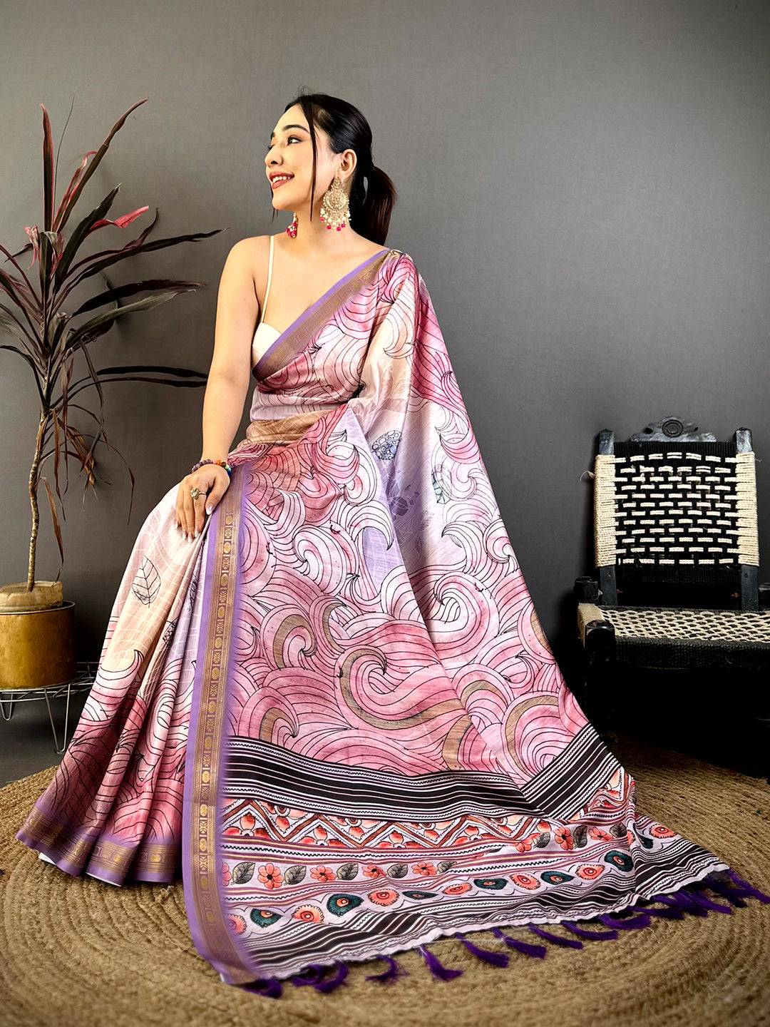 Stylish Freehand Kalamkari Silk Saree