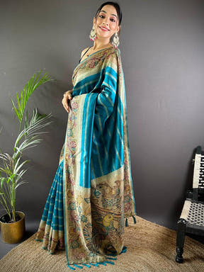 Sky Blue Geometric Zari And Kalamkari Silk Saree

