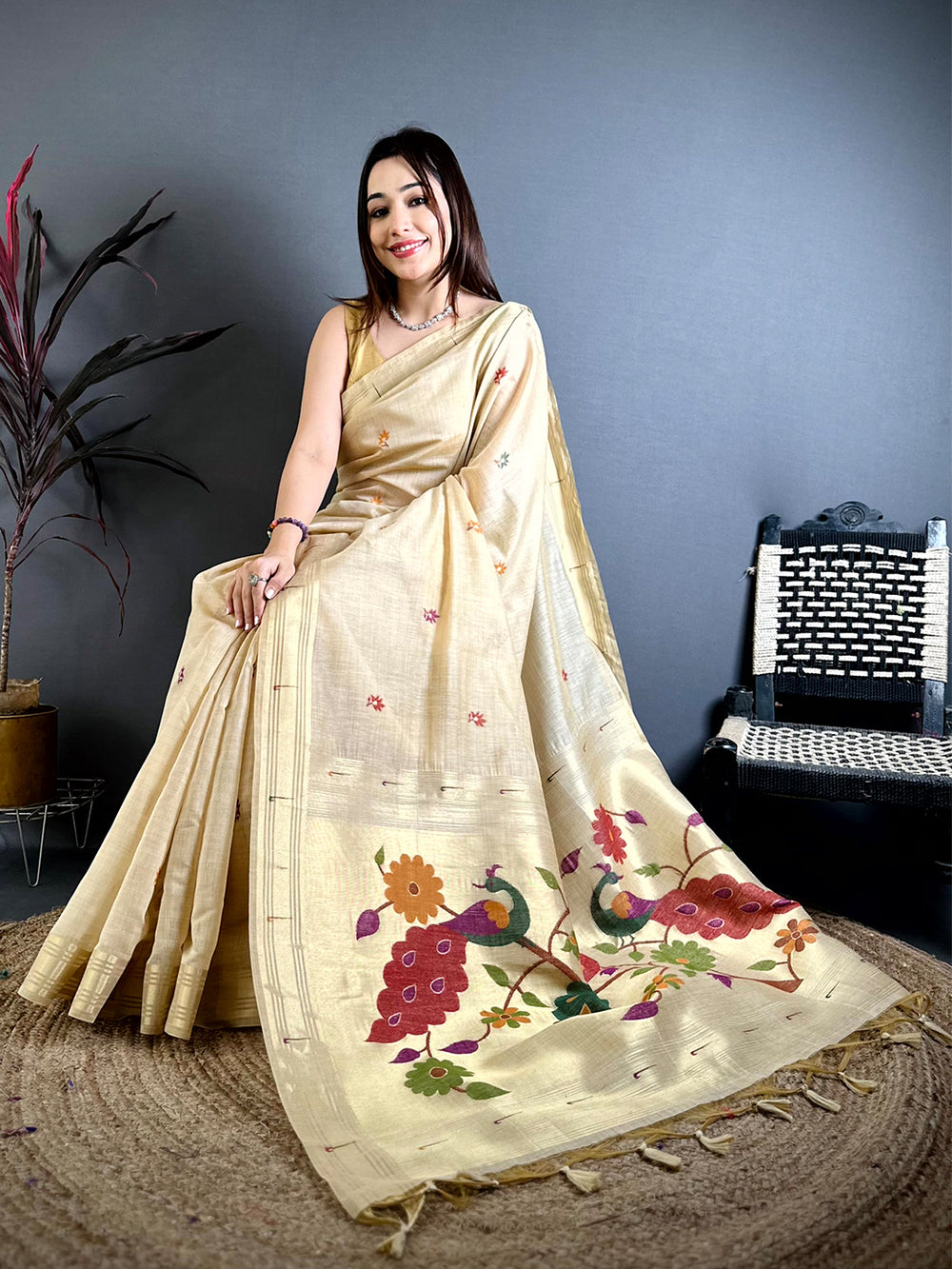 Cream Munia Minakari Khadi Saree


