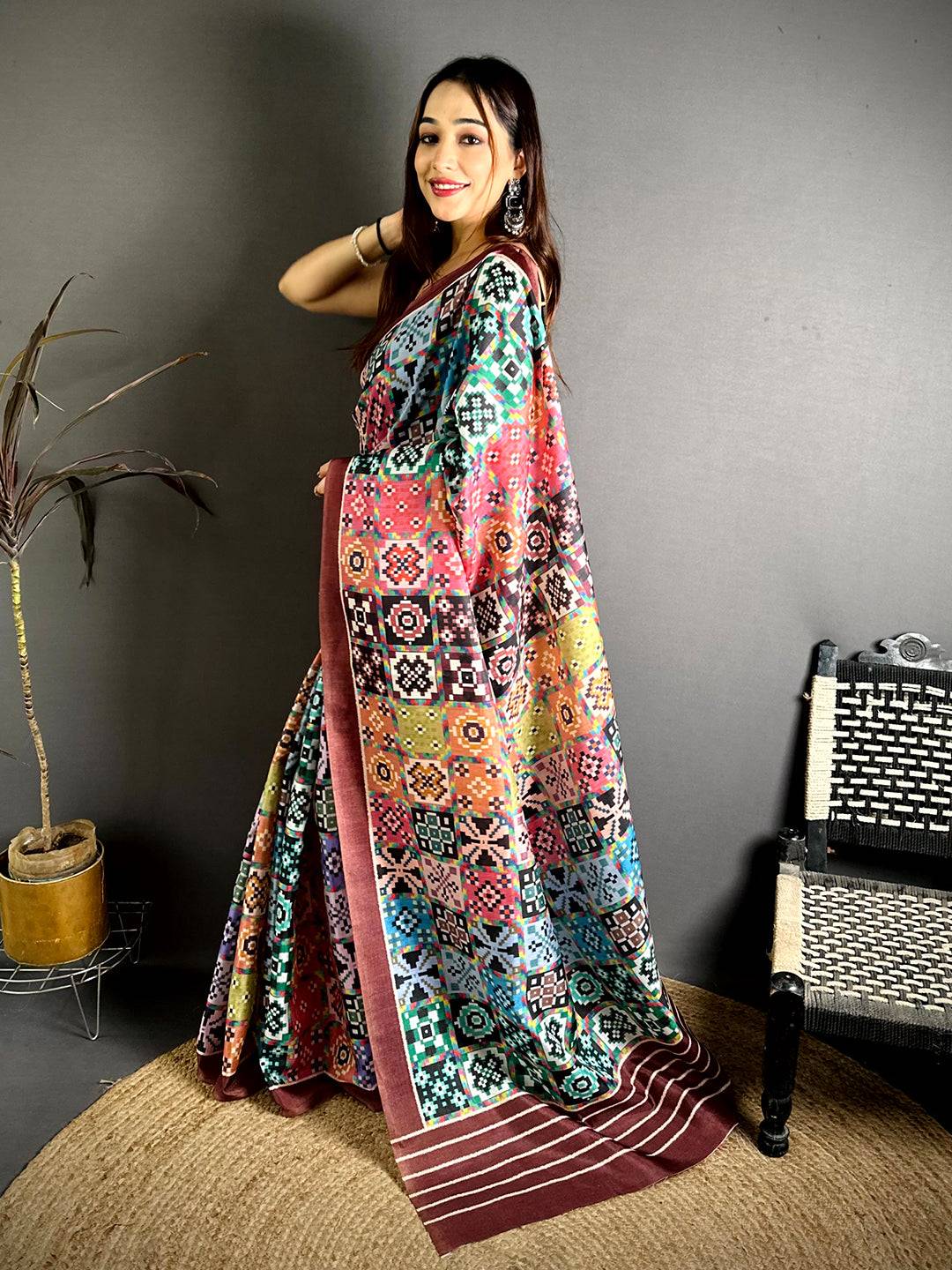 Multi Geometric Patola Ikkat Tussar Saree