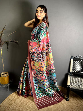Multi Geometric Patola Ikkat Tussar Saree