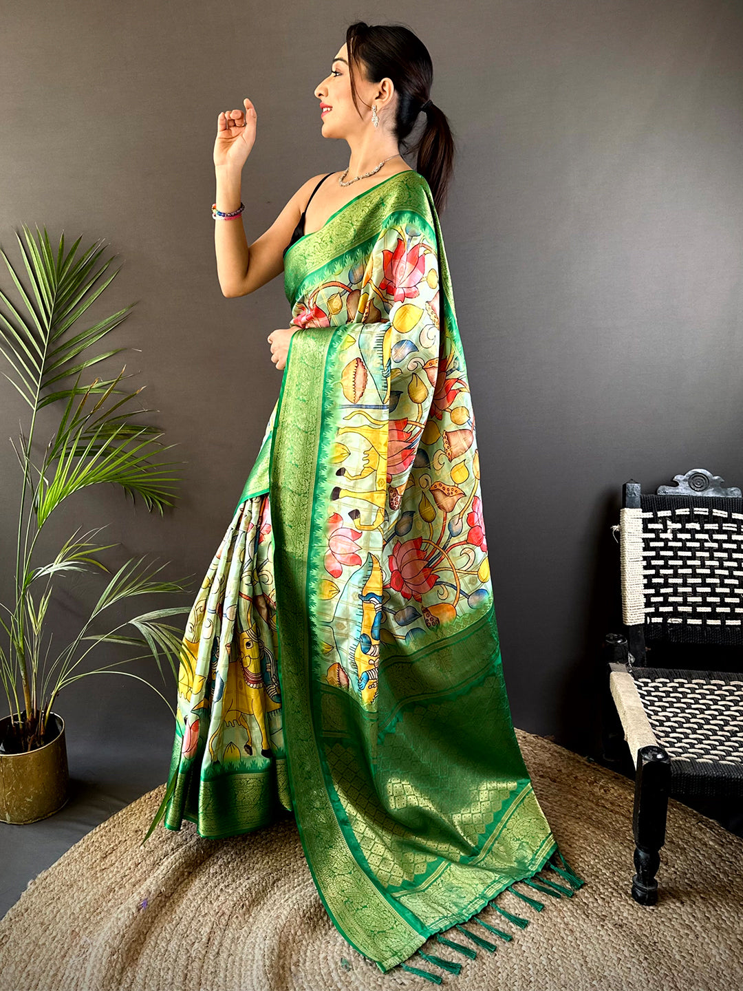 Green Banarasi Silk Lotus Kalamkari Saree