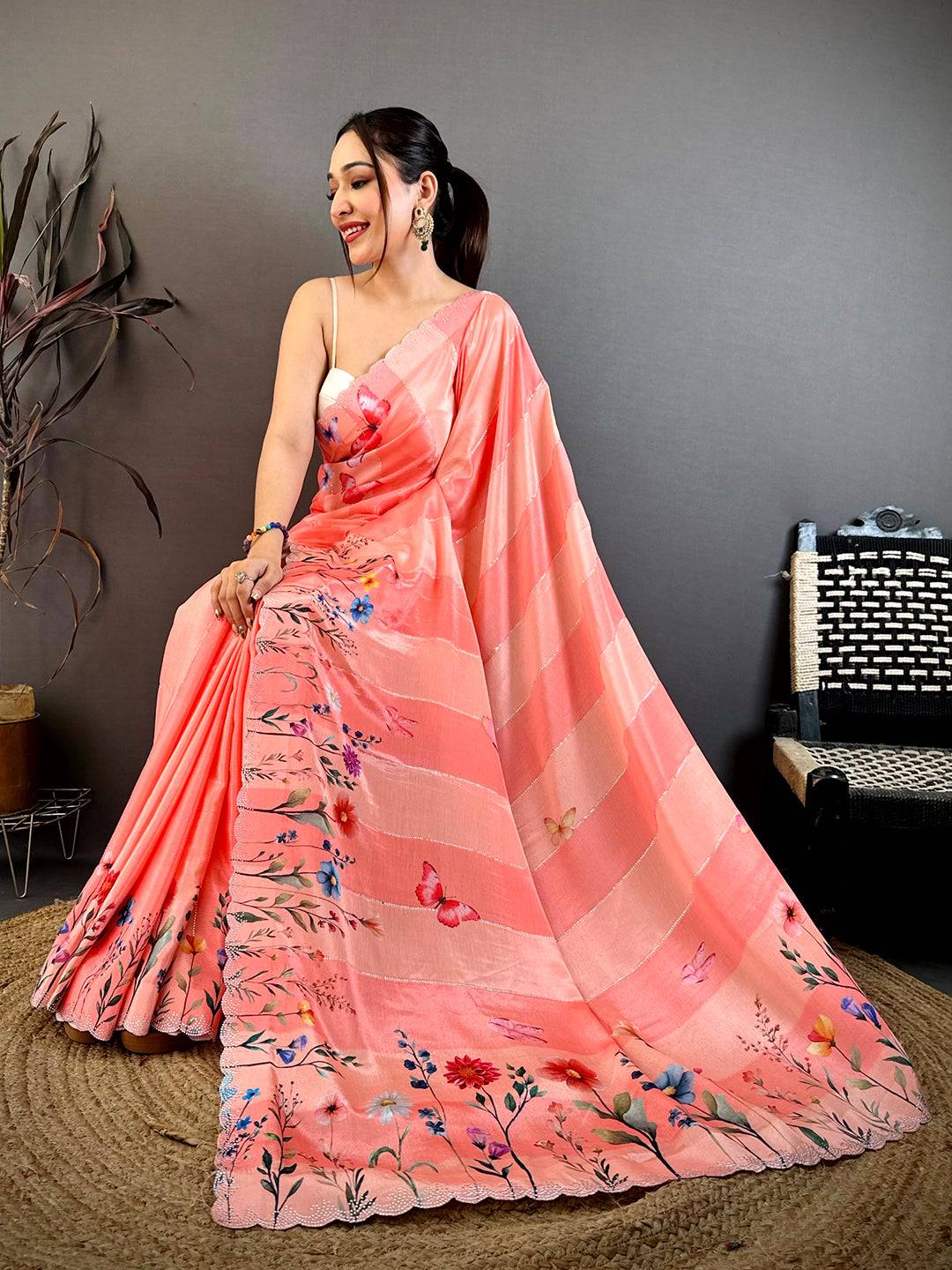 Butterfly Garden Stone Work Soft Chiffon Saree

