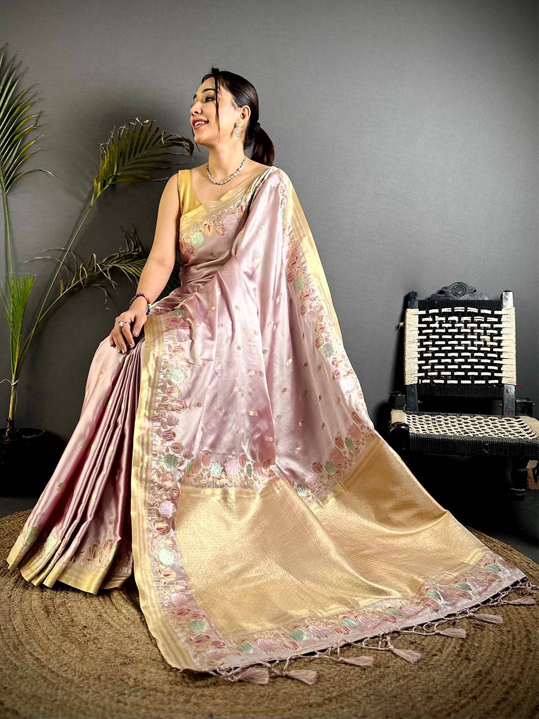 Blush Pink Satin Silk Zari Weave Saree



