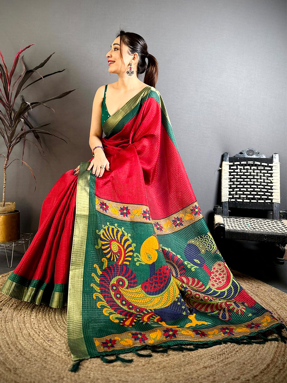 Red Tussar Zari Chex Kalamkari Saree