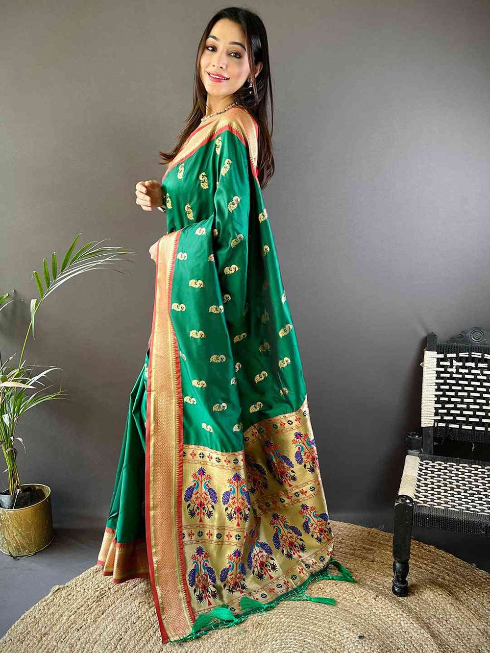 Trendy Yevla Paithani Minakari Work Silk Saree in Green Colour