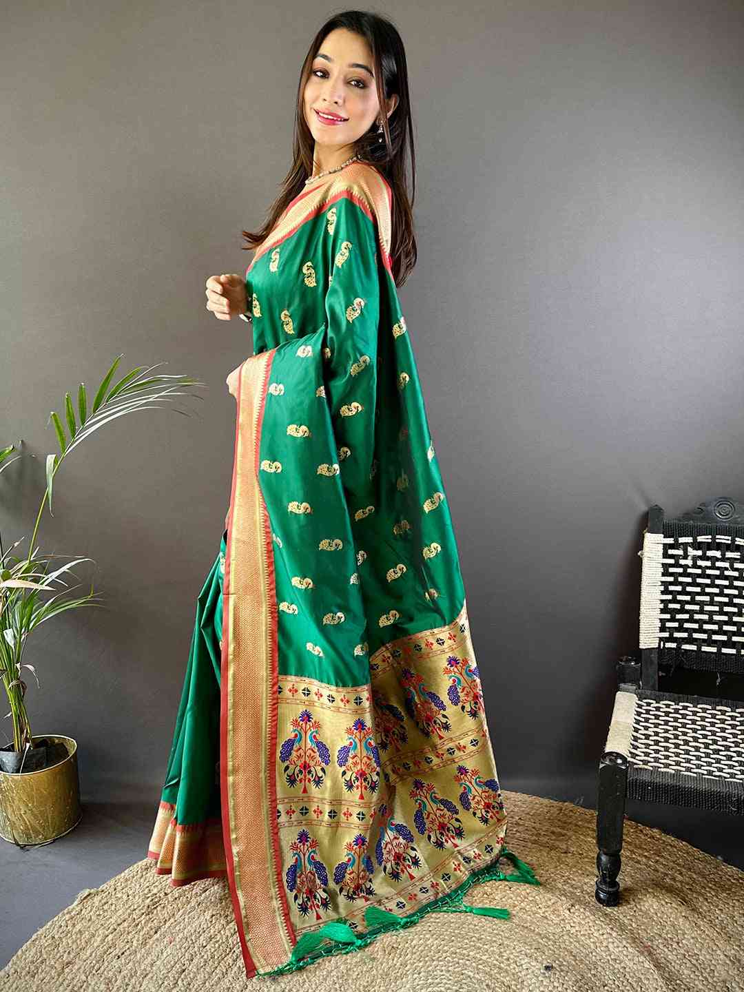 Trendy Yevla Paithani Minakari Work Silk Saree in Green Colour