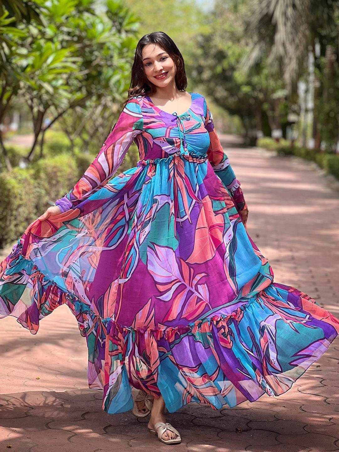 Vibrant Lust Lavender Abstract Print Dress in motion