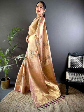 Stylish Dark Wine Self Gold Zari Floral Print Saree