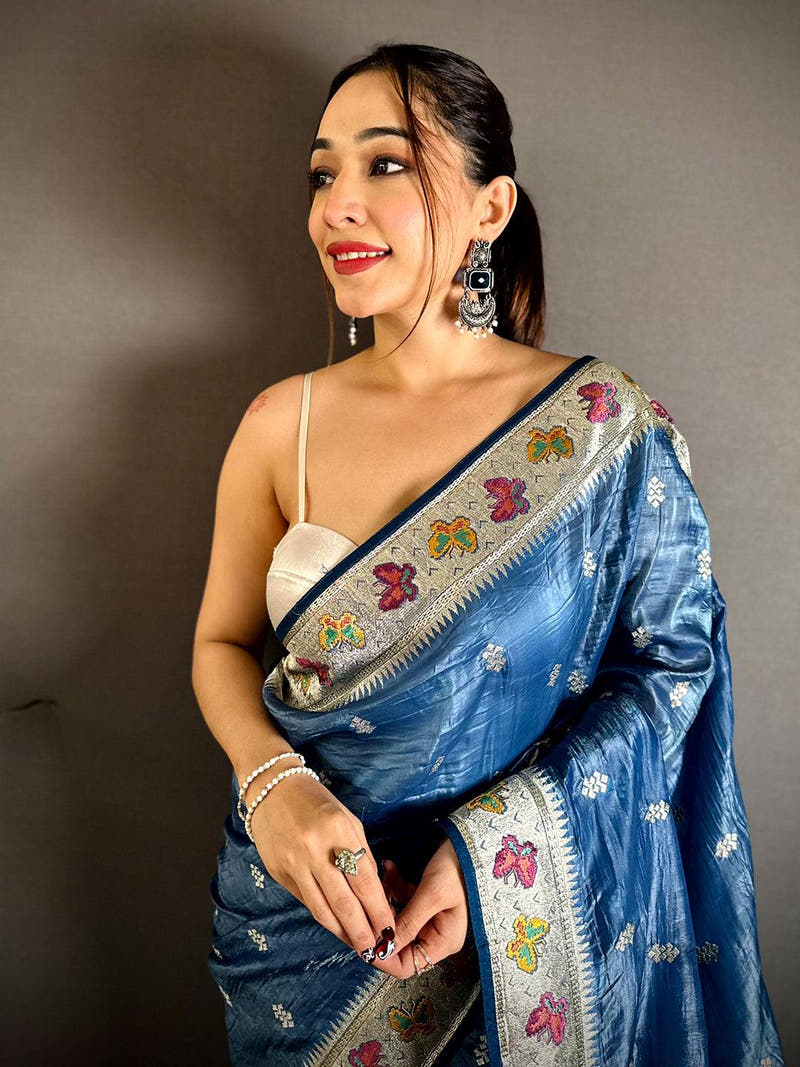 Blue Crush Silk Zari Embroidered Saree