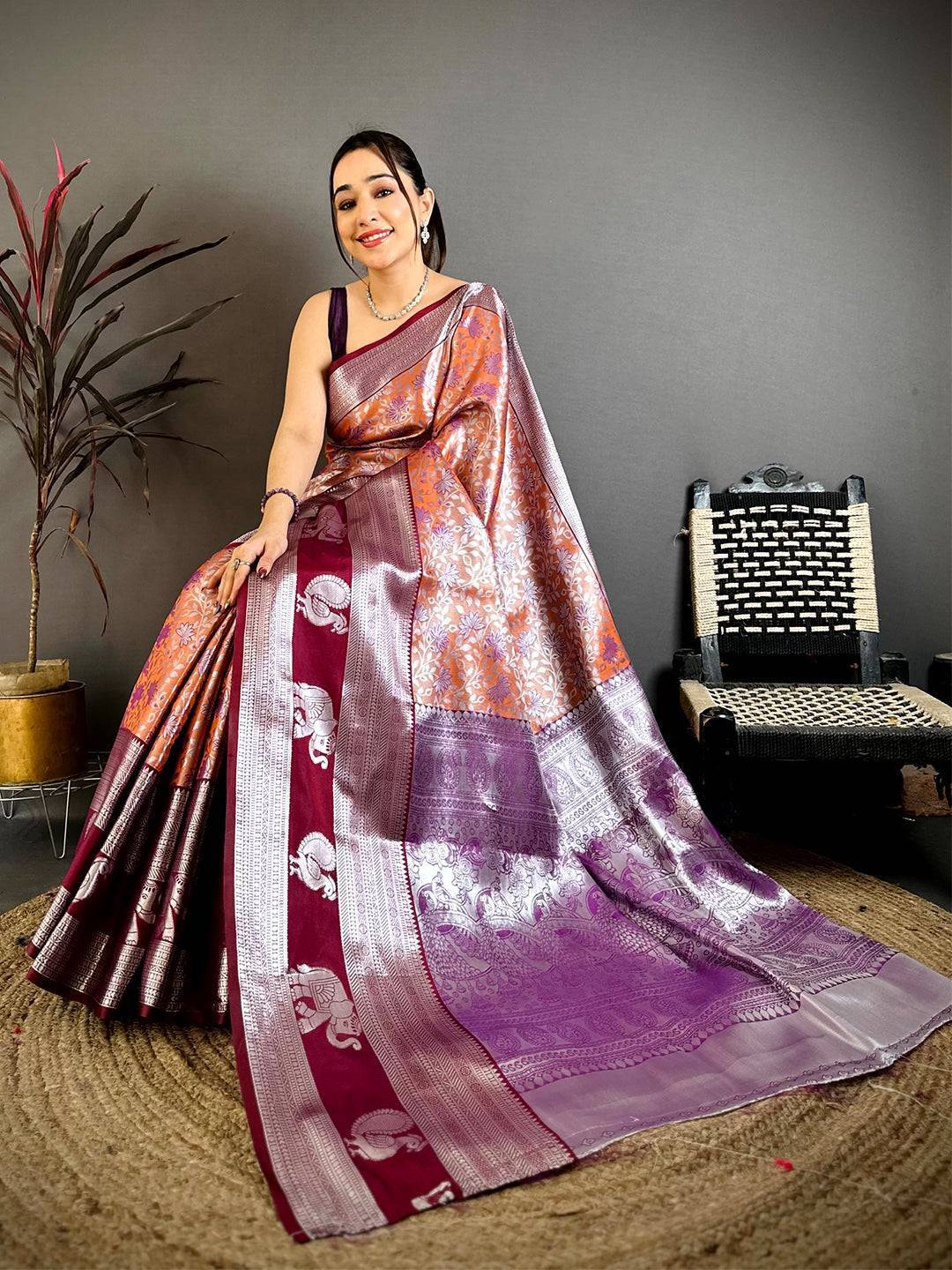 Orange Dharmavaram Double Ikkat Saree