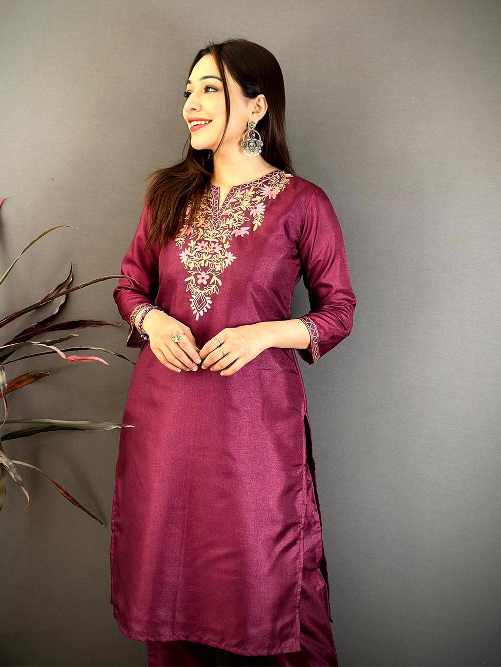 Dark Wine Ari Work Cotton Zari Kurti