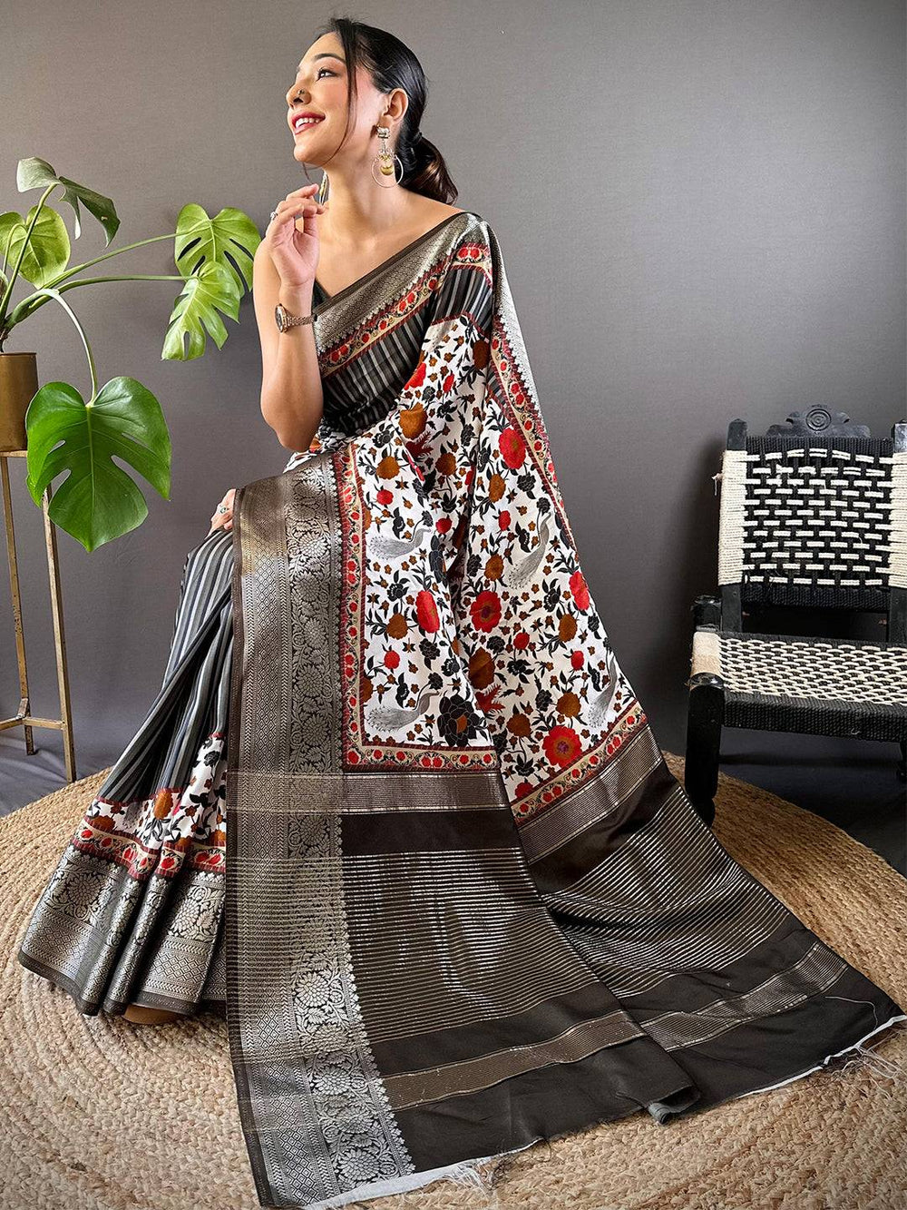 Black Floral Peacock Fusion Saree