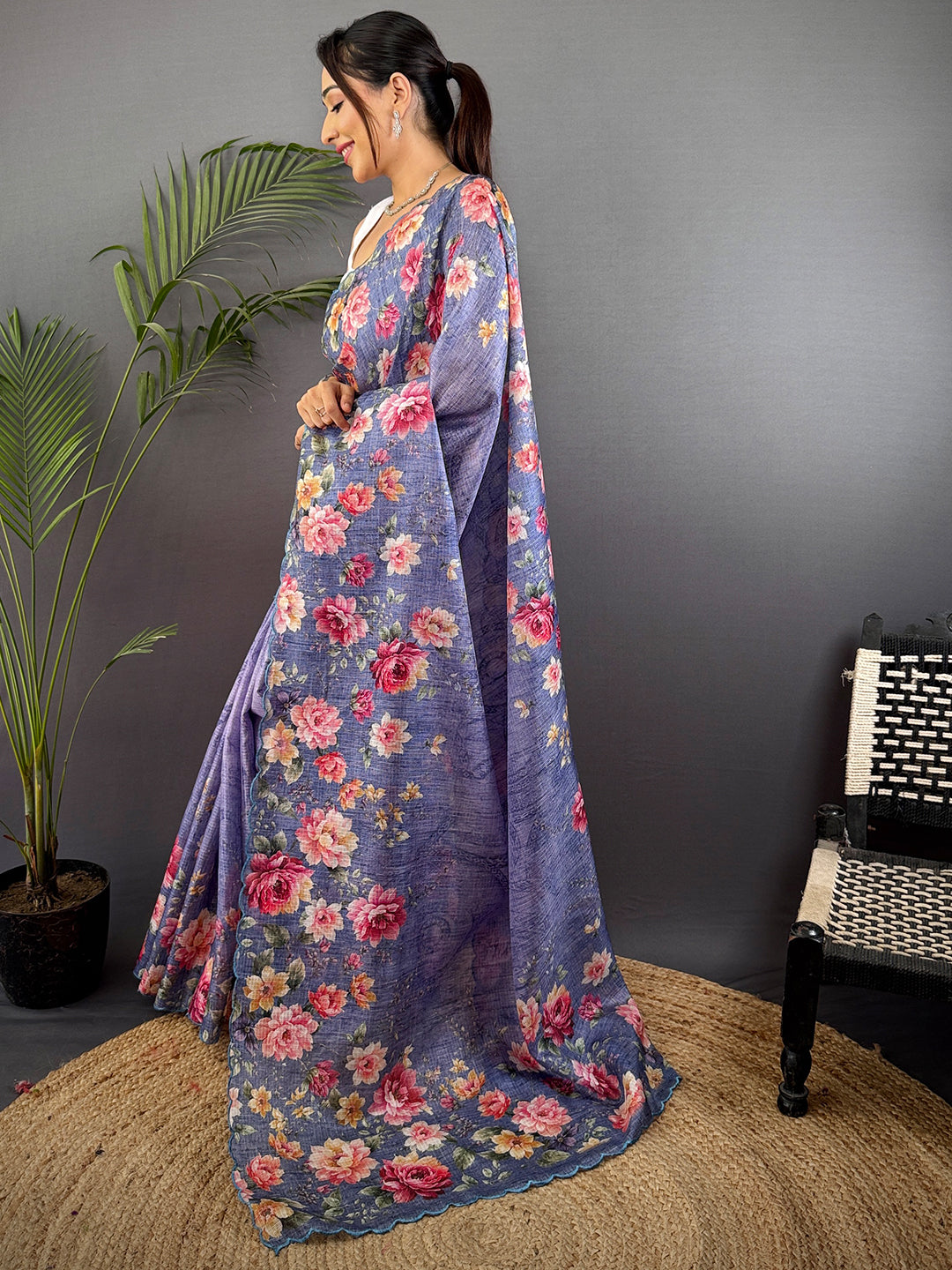 Denim Blue Kota Doriya Floral Cut Work Saree