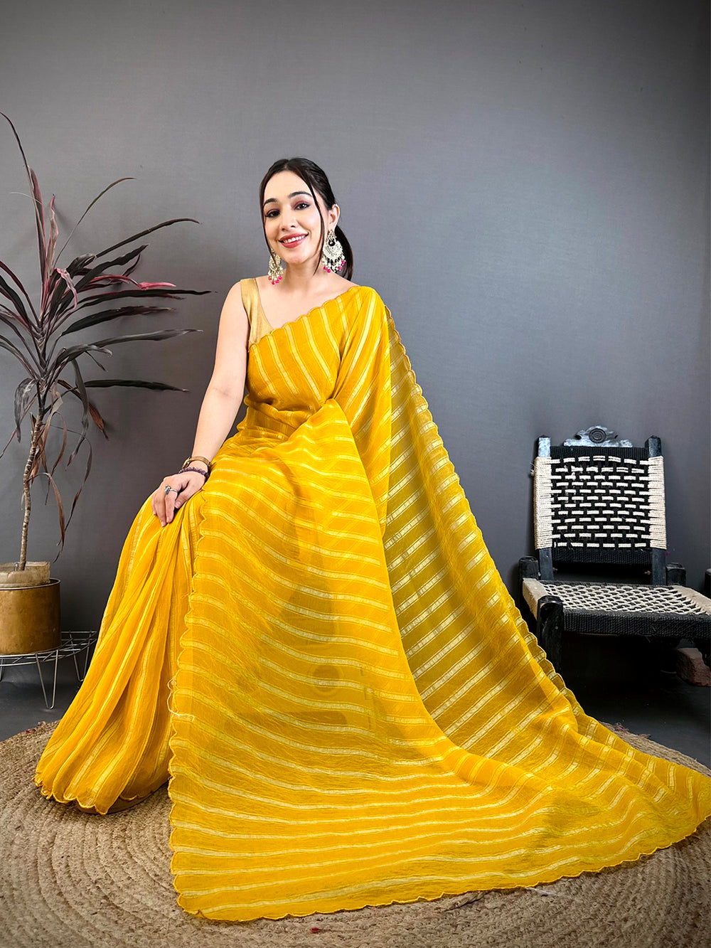 Yellow Gold Zari Stripe Chiffon Saree