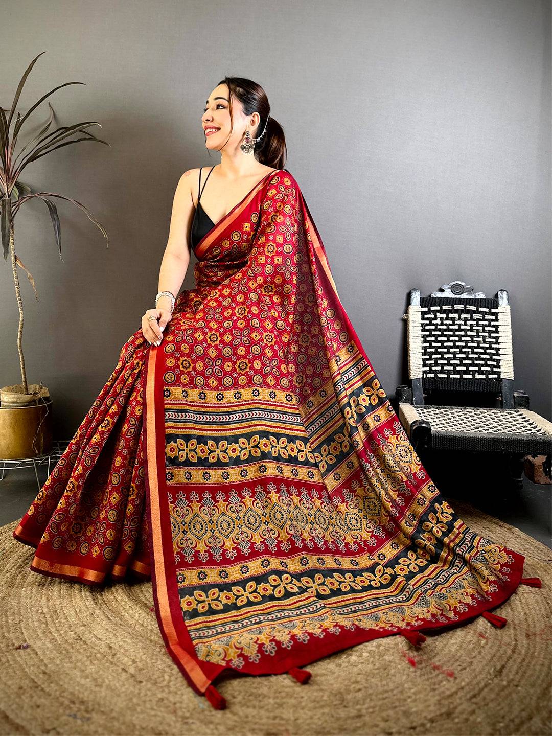Red Mul Cotton Ajrak Vintage Print Saree