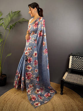 Dusty Blue Kota Floral Digital Cut Work Saree