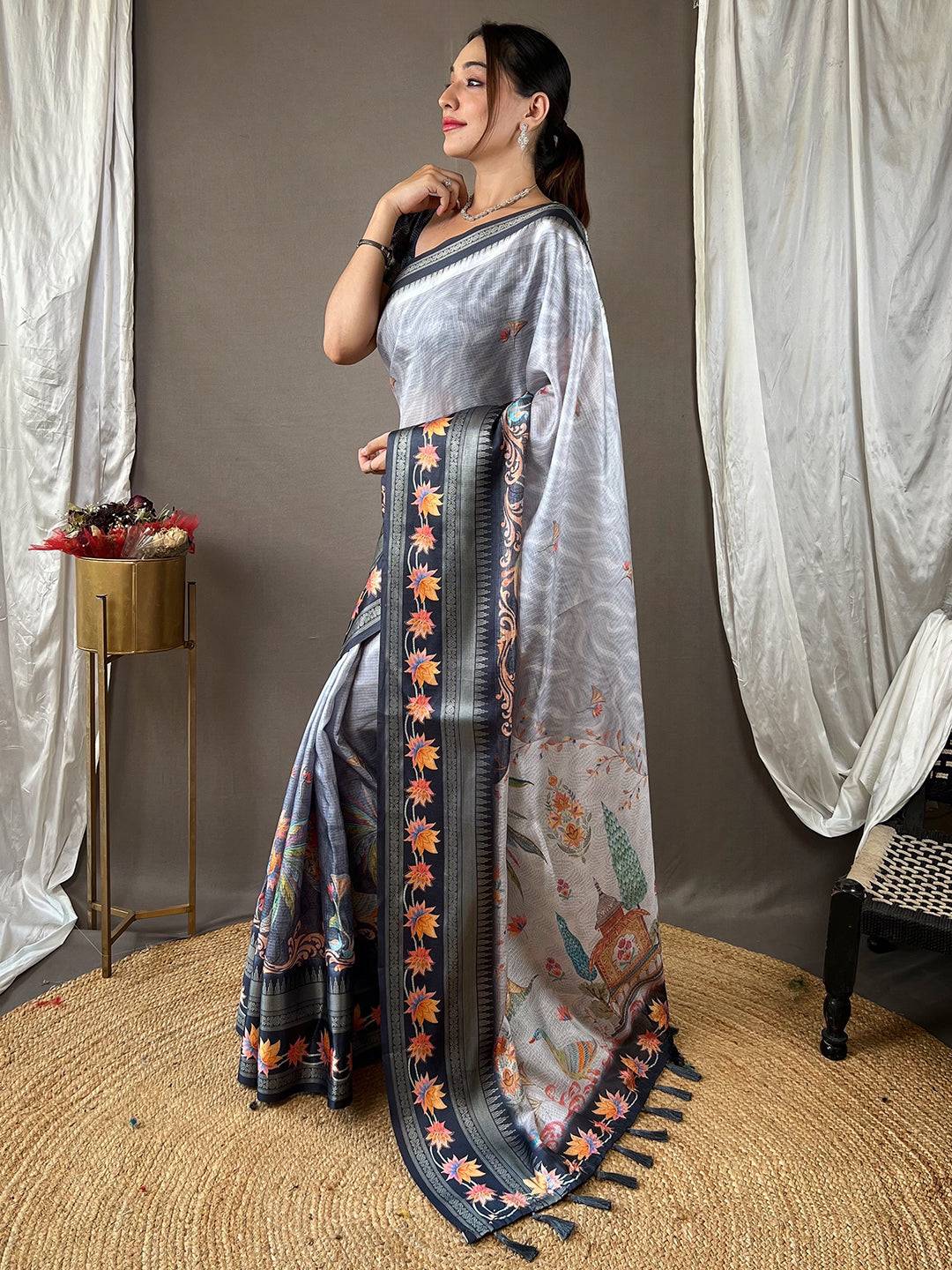 Stylish Dove Grey Kota Saree with floral satin border