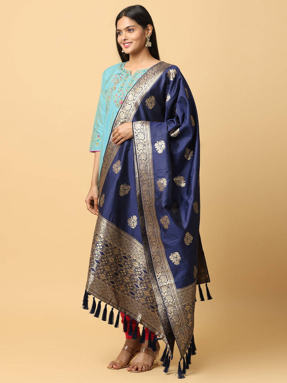 Elegant navy silk blend dupatta with gold woven patterns
