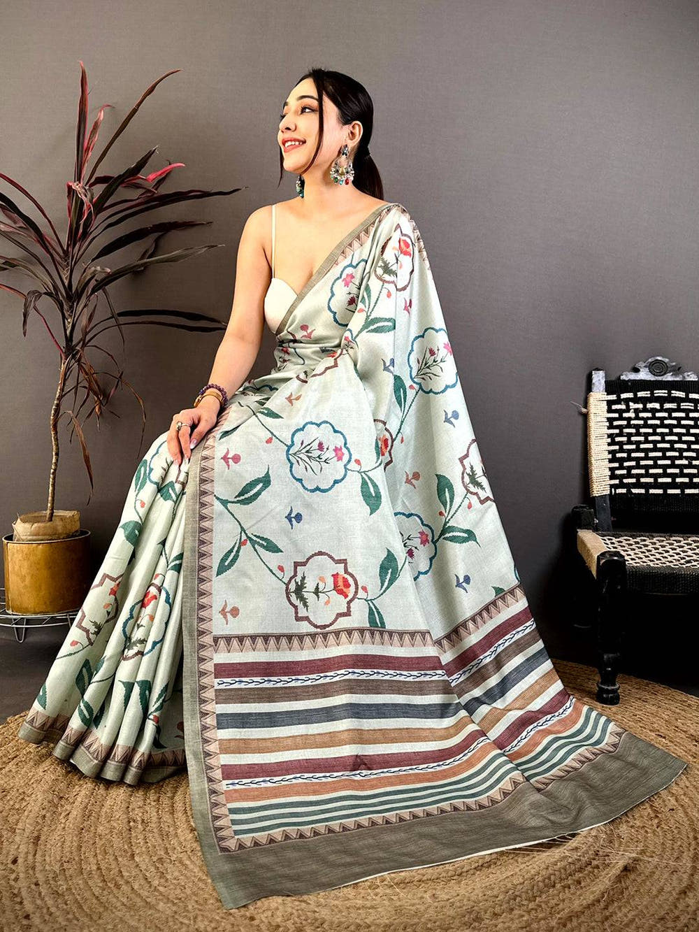 Mint Green Floral Soft Tussar Saree