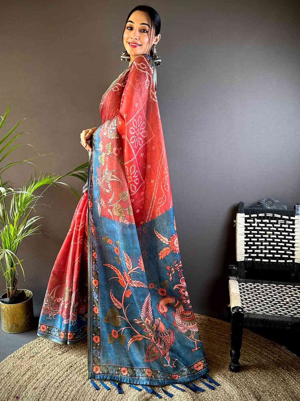 Red Tissue Bandhej Kalamkari Saree