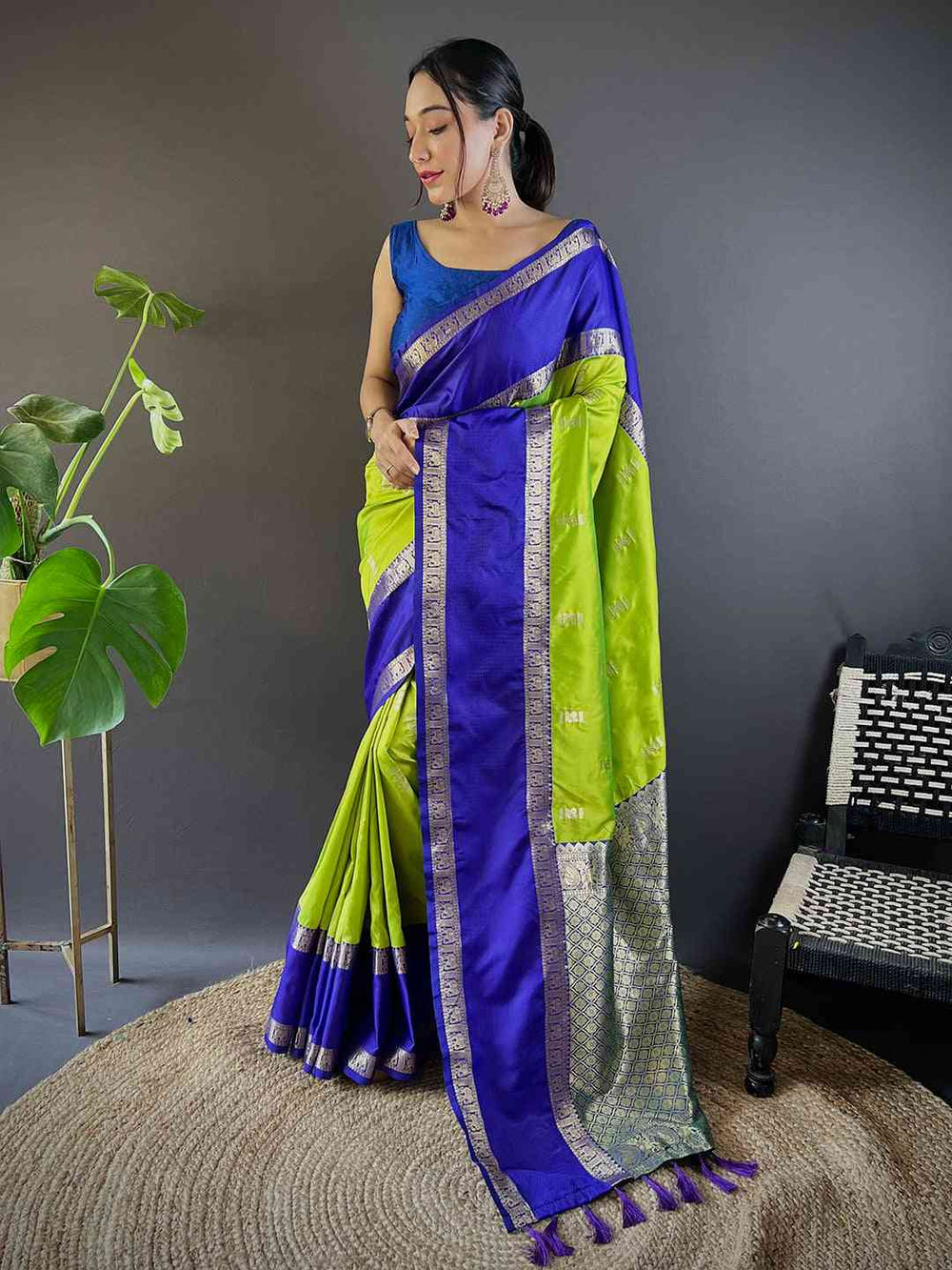 Gadhwal pure silk saree in blue and green, festive wear