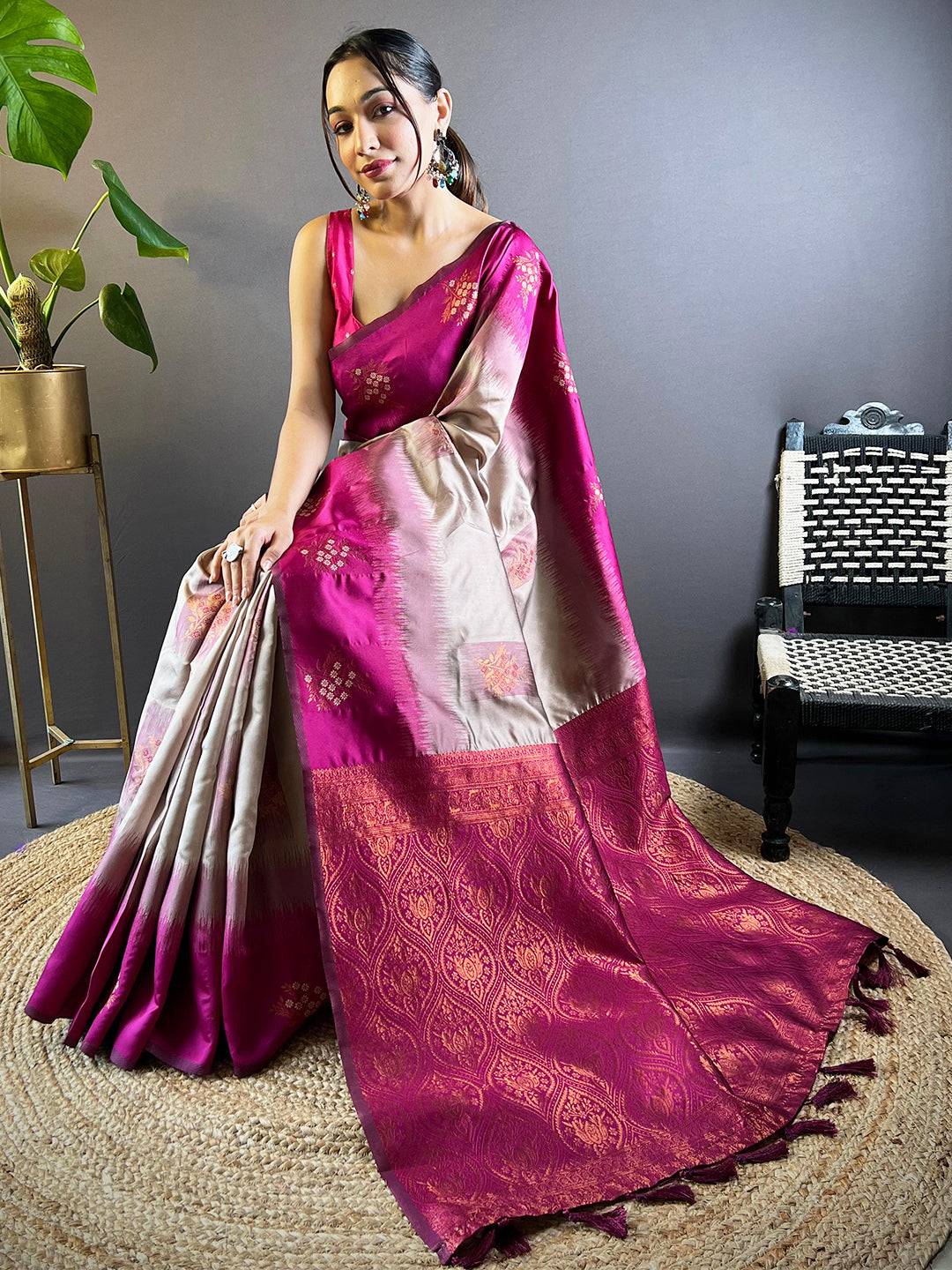 Magenta Sami Banarasi Tussar Silk Saree

