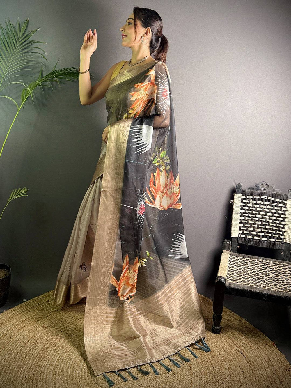 Black Soft Organza Silk Floral Saree