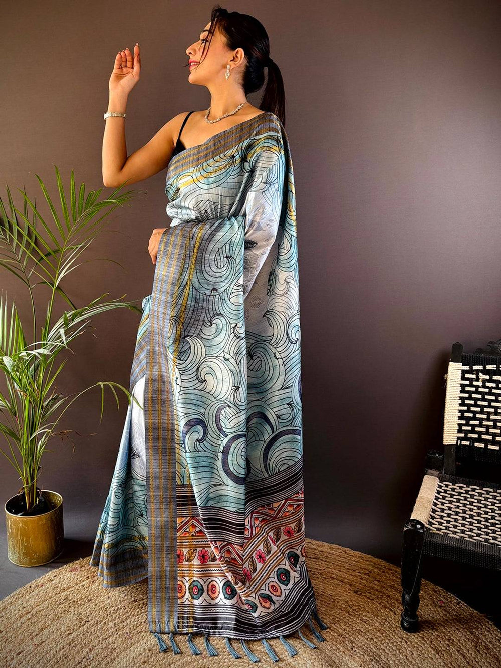 Blue Soft Silk Ocean Wave Patterns Saree