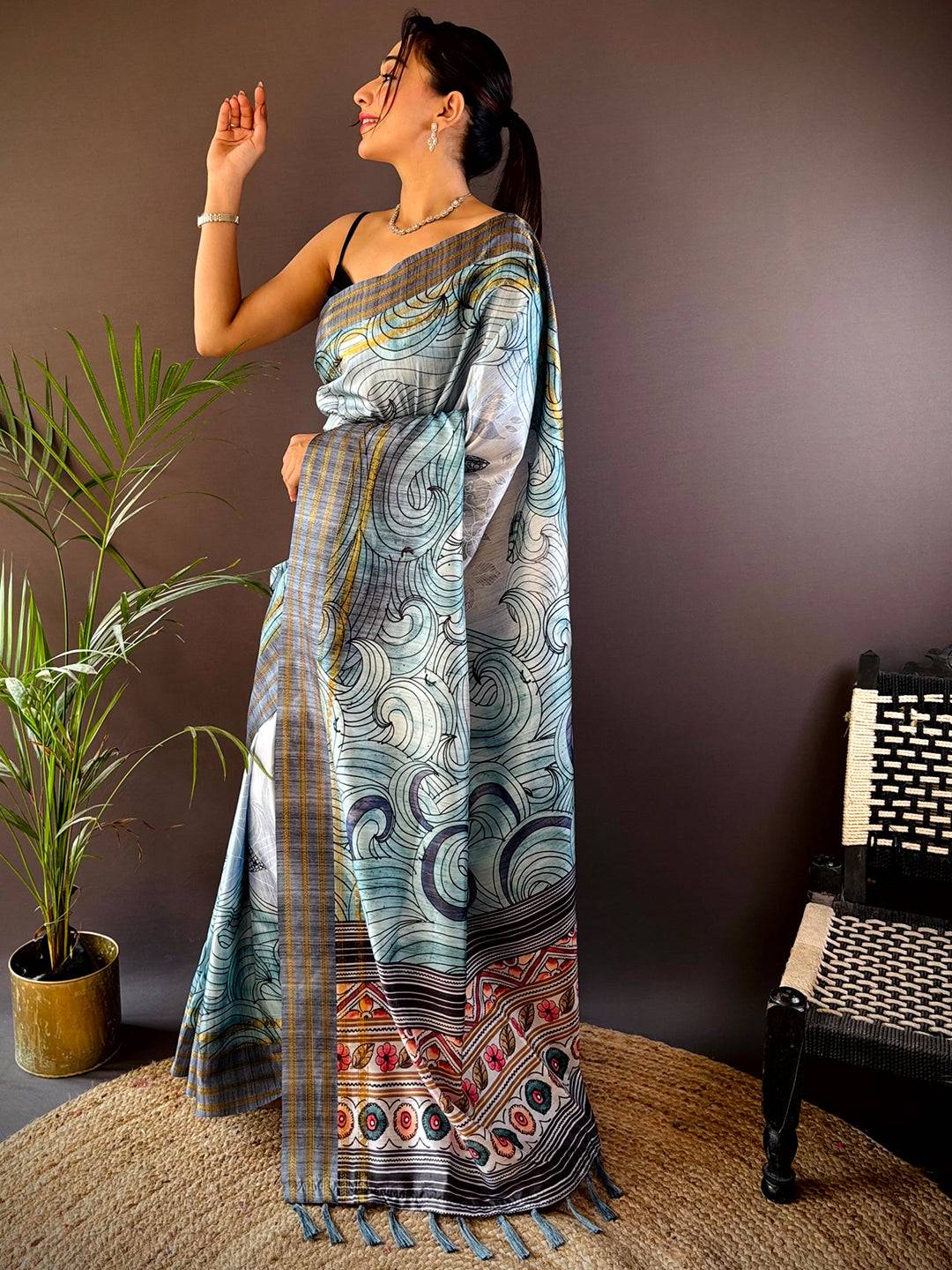 Blue Soft Silk Ocean Wave Patterns Saree