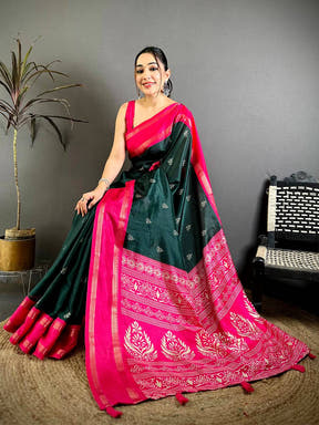 Green Soft Dola Block Print Pallu Saree