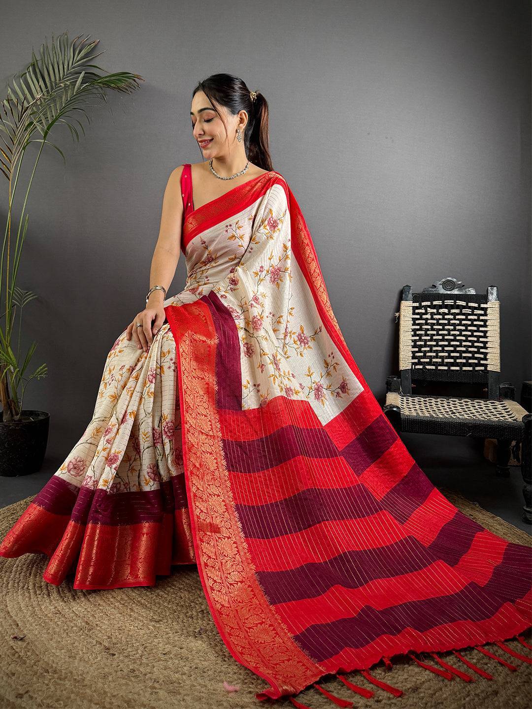 Red Soft Dola Silk Zari Katha Saree


