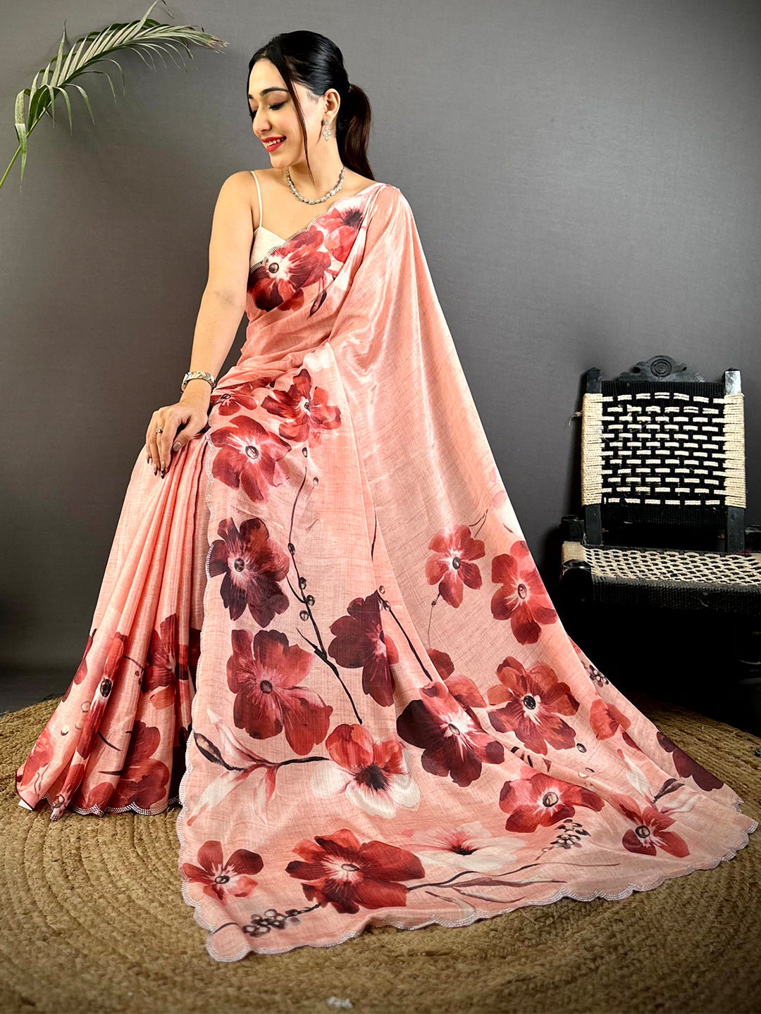 Pink Chinnon Swarovski Floral Saree