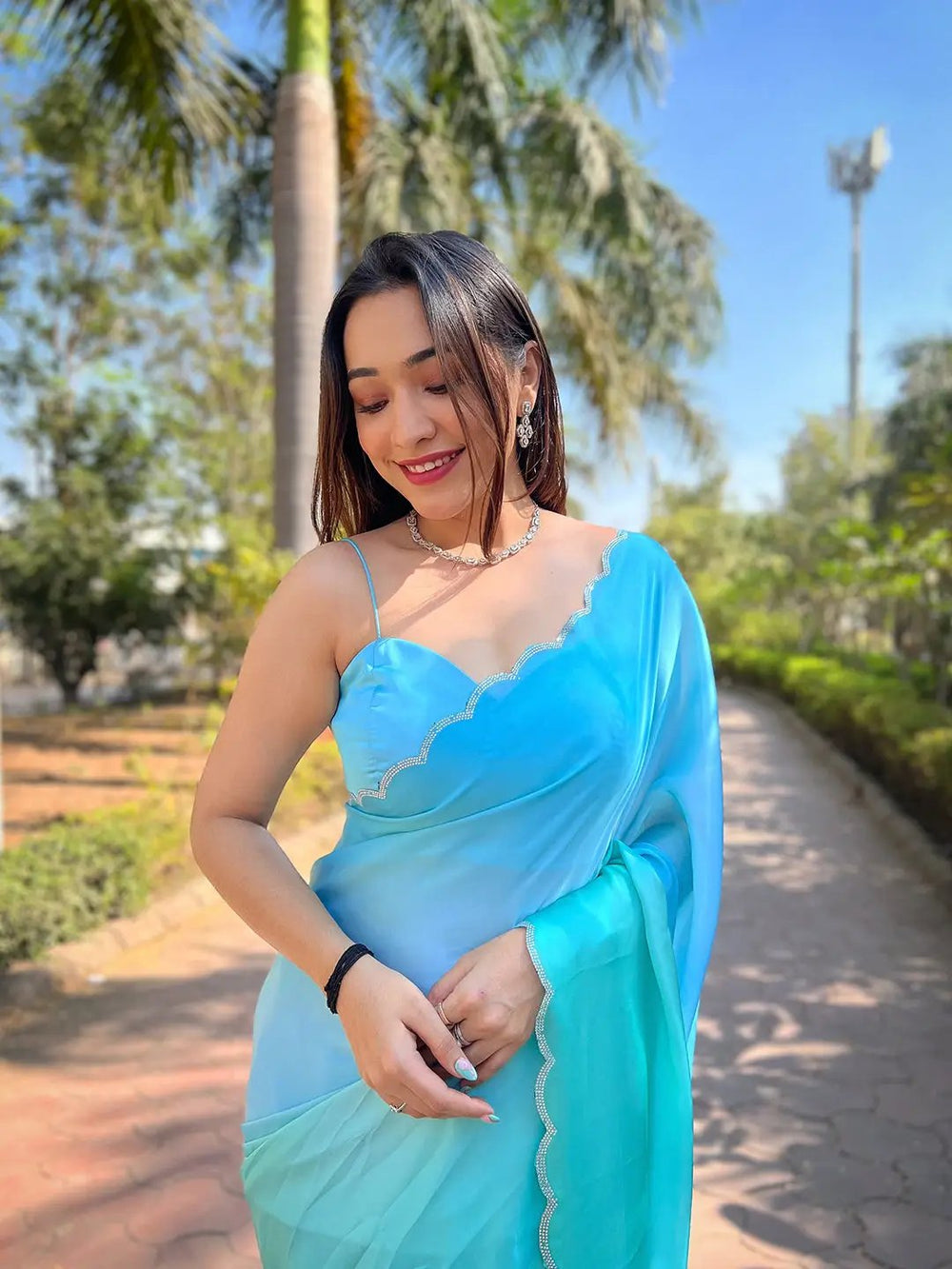 Sky Blue Colour Satin Georgette Saree with Ombre Print