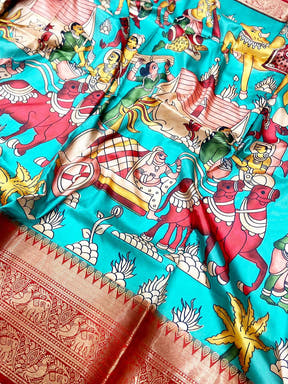 Turquoise Banarasi Silk Kalamkari Saree


