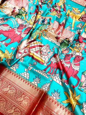 Turquoise Banarasi Silk Kalamkari Saree


