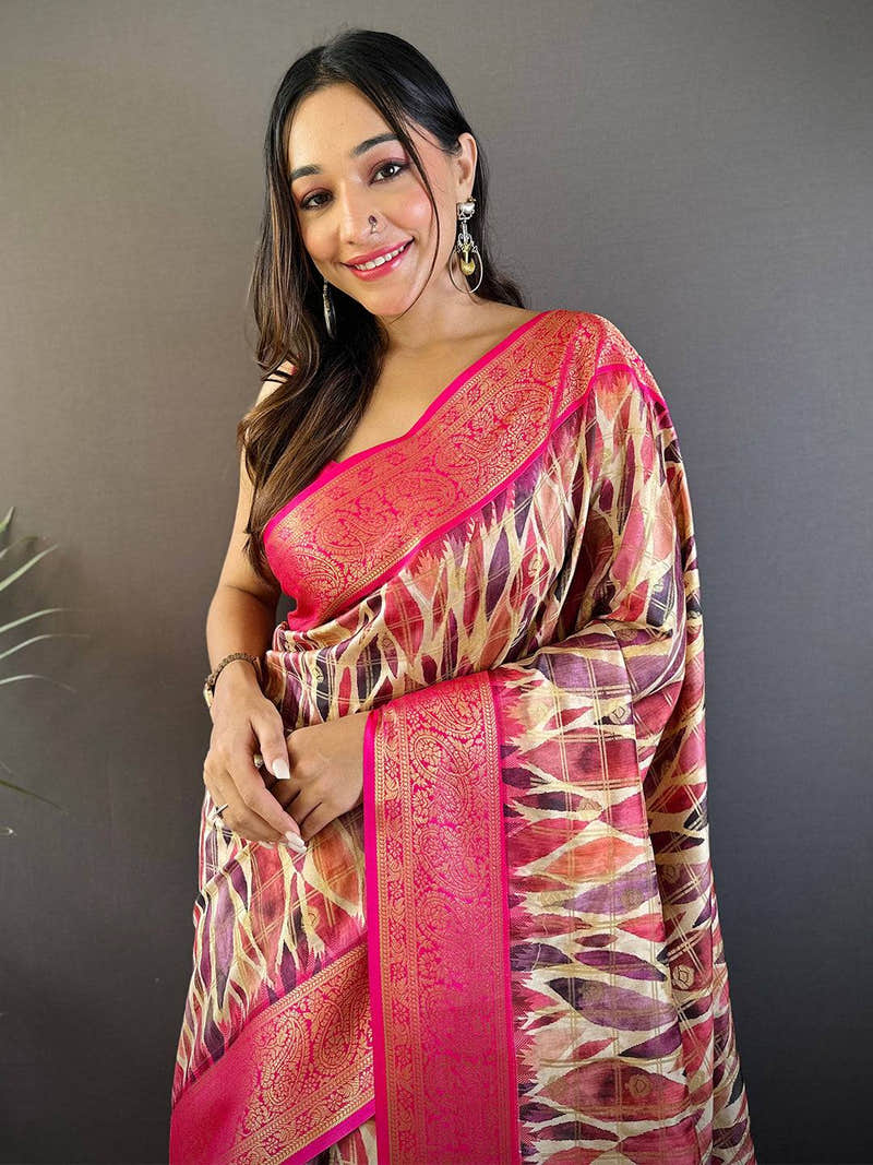 Pink Kovai Rettapet Border Geometric Saree
