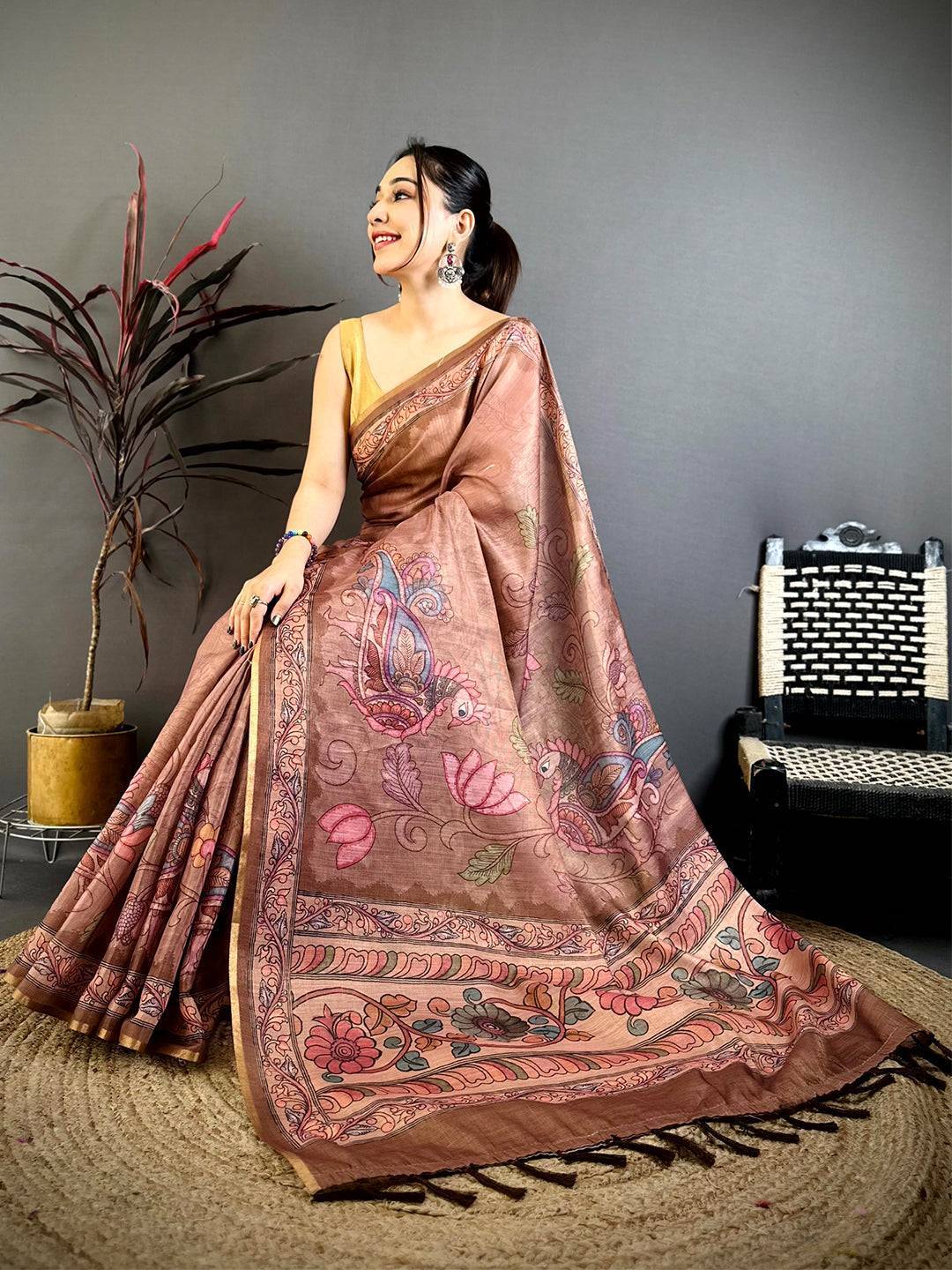 Brown Vintage Pen Kalamkari Chanderi Saree