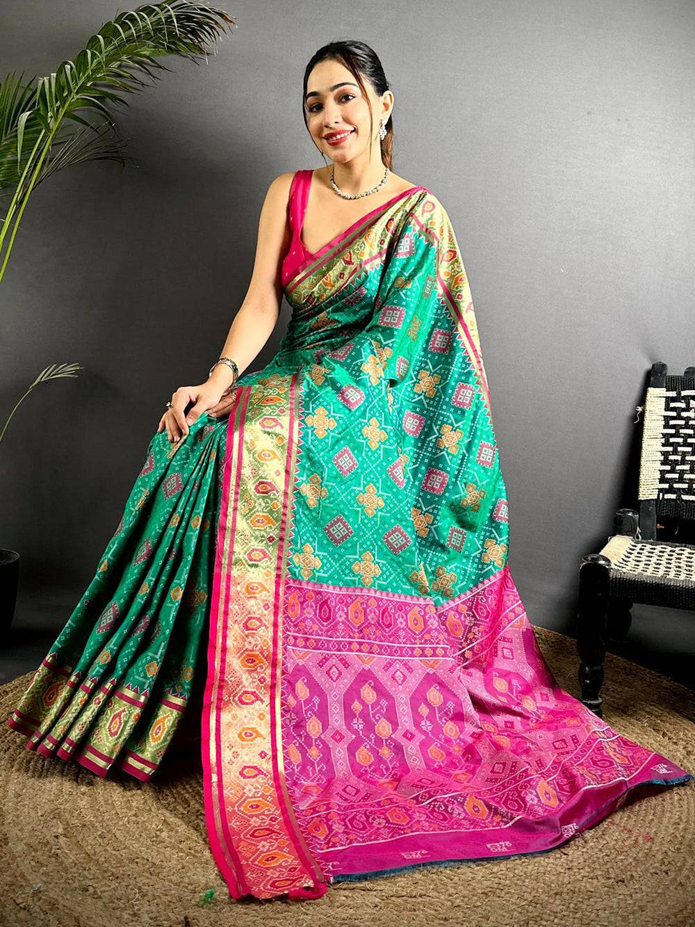 Sky Soft Silk Saree With Patola Weaving

