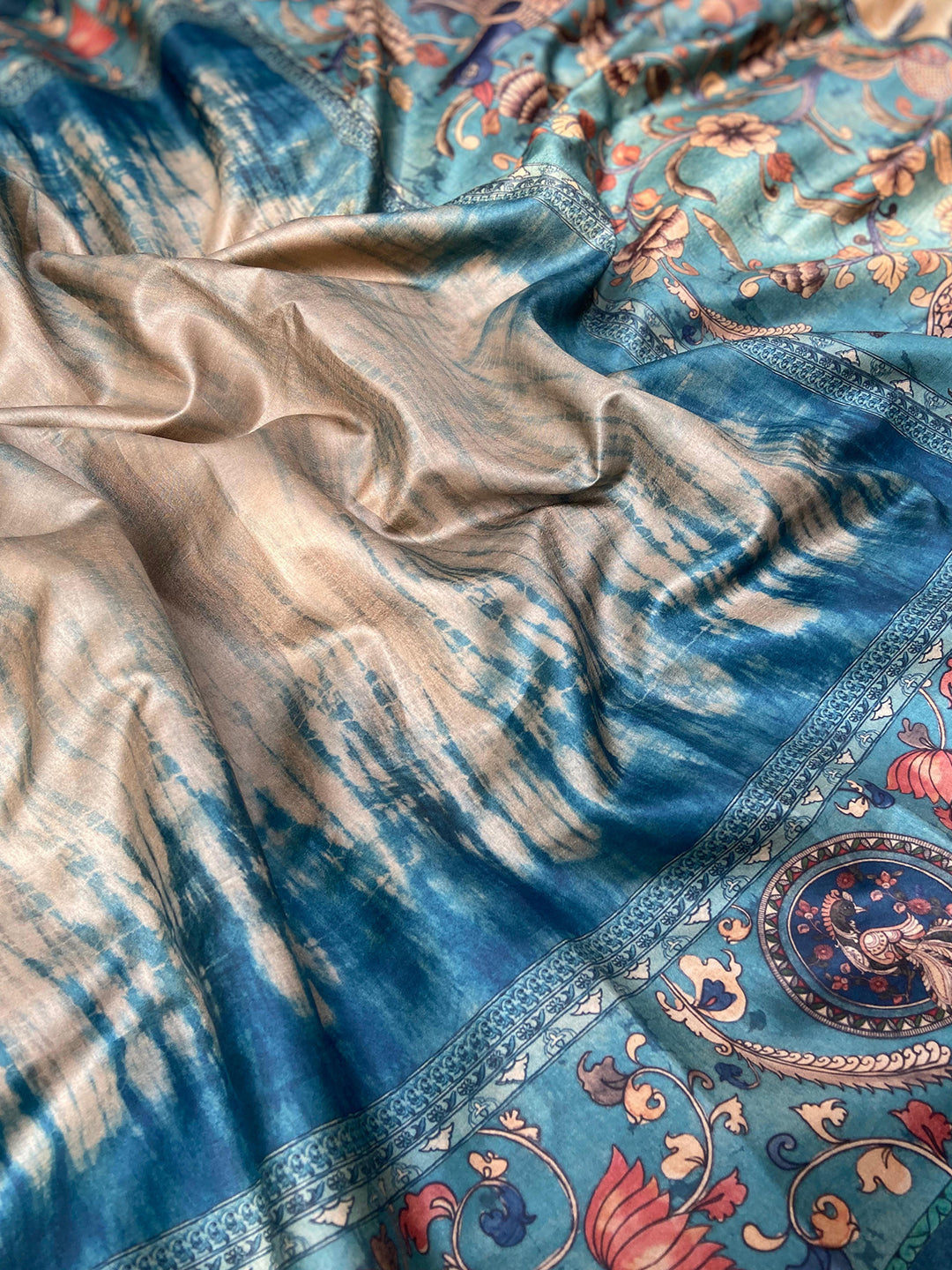 Blue Colour Tussar Silk Saree With Batik and Kalamkari Print Border
