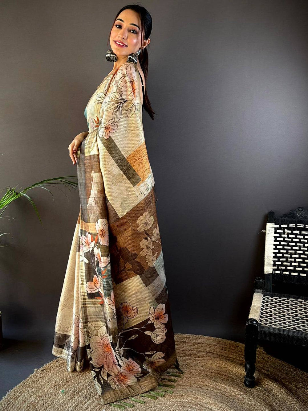Dark Khaki Semi-Gold Zari Abstract Tussar Saree