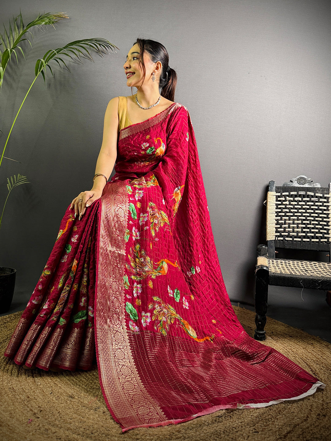 Rose Pink Pure Viscose Kalalmkari Print Saree